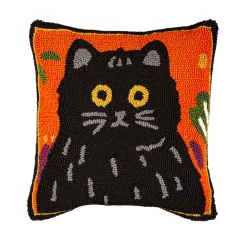 Plow & Hearth Outdoor Throw Pillows|Decorative Pillows>Indoor/Outdoor Cat Hooked Polypropylene Throw Pillow, 18" x 18"
