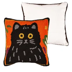 Plow & Hearth Outdoor Throw Pillows|Decorative Pillows>Indoor/Outdoor Cat Hooked Polypropylene Throw Pillow, 18" x 18"