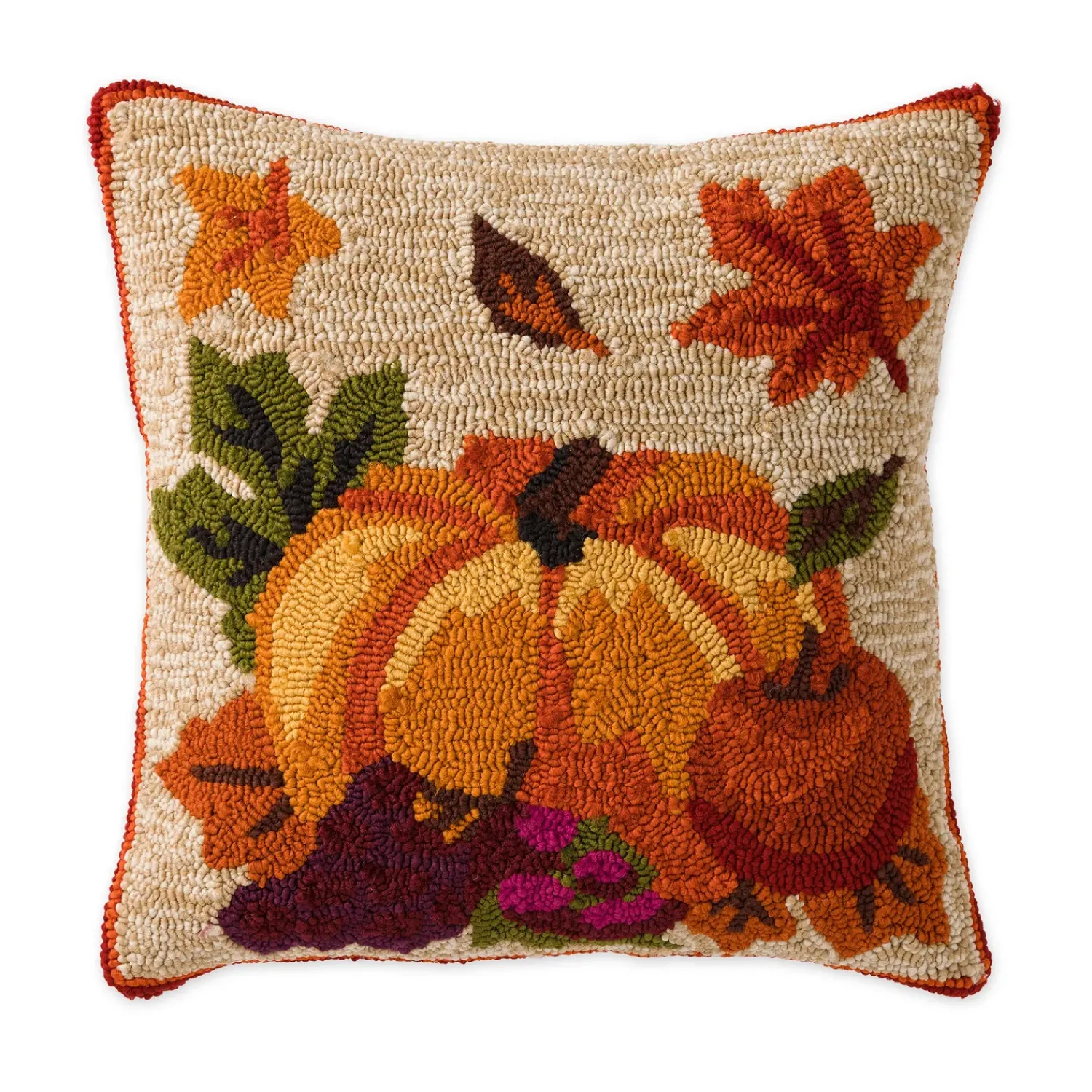 Plow & Hearth Outdoor Throw Pillows|Decorative Pillows>Indoor/Outdoor Fall Bounty Hand Hooked Polypropylene Throw Pillow
