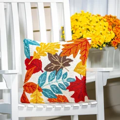 Plow & Hearth Outdoor Throw Pillows|Decorative Pillows>Indoor/Outdoor Fall Leaves Hooked Polypropylene Throw Pillow 18"x18"