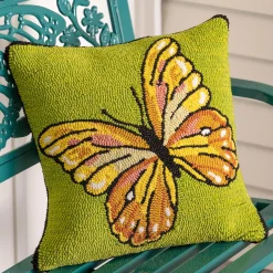 Plow & Hearth Outdoor Throw Pillows|Decorative Pillows>Indoor/Outdoor Green Butterfly Hand Hooked Polypropylene Throw Pillow