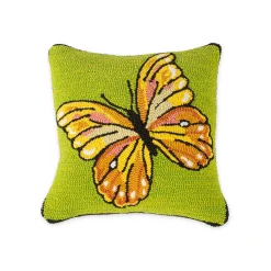 Plow & Hearth Outdoor Throw Pillows|Decorative Pillows>Indoor/Outdoor Green Butterfly Hand Hooked Polypropylene Throw Pillow
