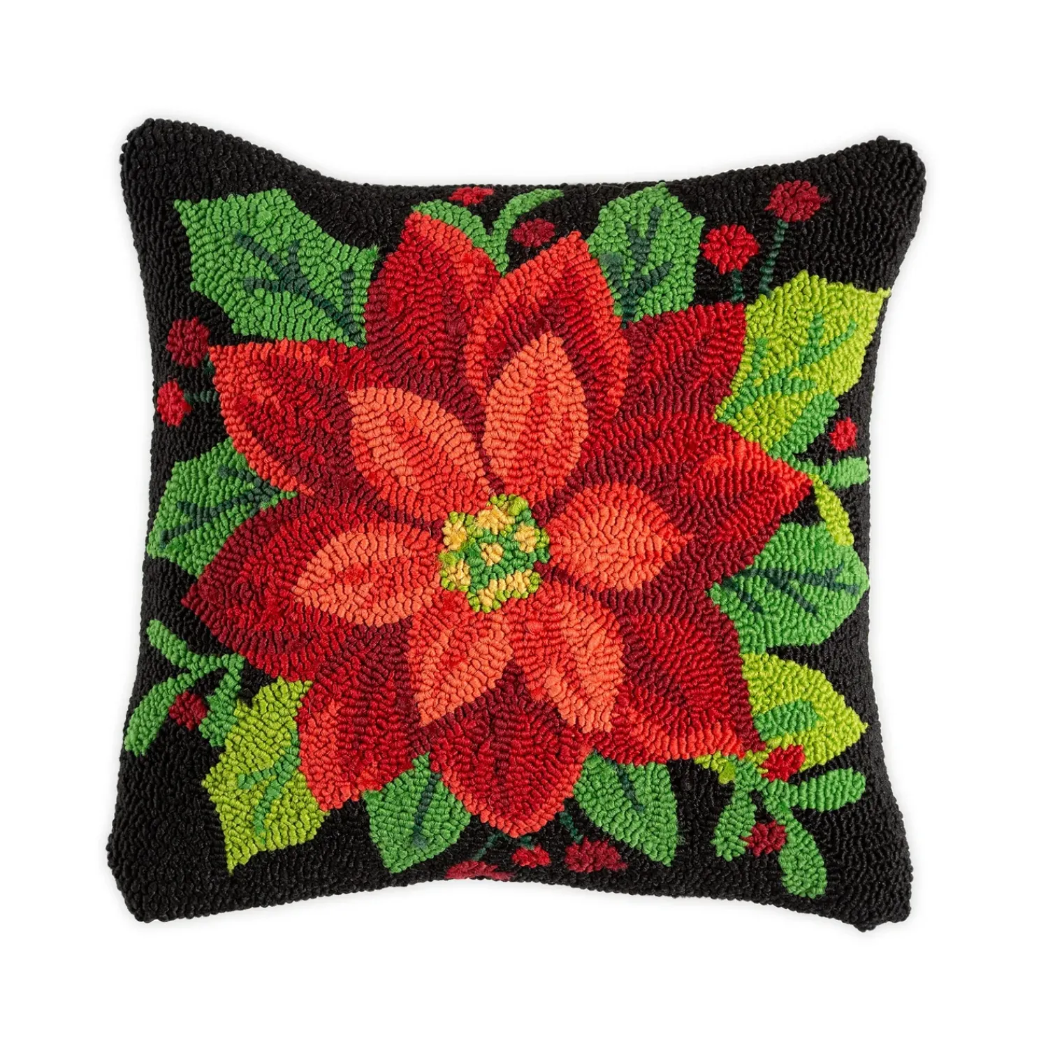 Plow & Hearth Outdoor Throw Pillows|Decorative Pillows>Indoor/Outdoor Hooked Polypropylene Poinsettia Throw Pillow