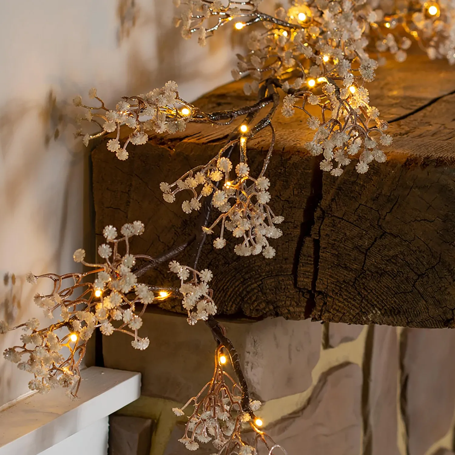 Plow & Hearth Faux Flowers & Plants|Lighted Trees & Garlands>Indoor/Outdoor Lighted Baby's Breath Garland with Timer