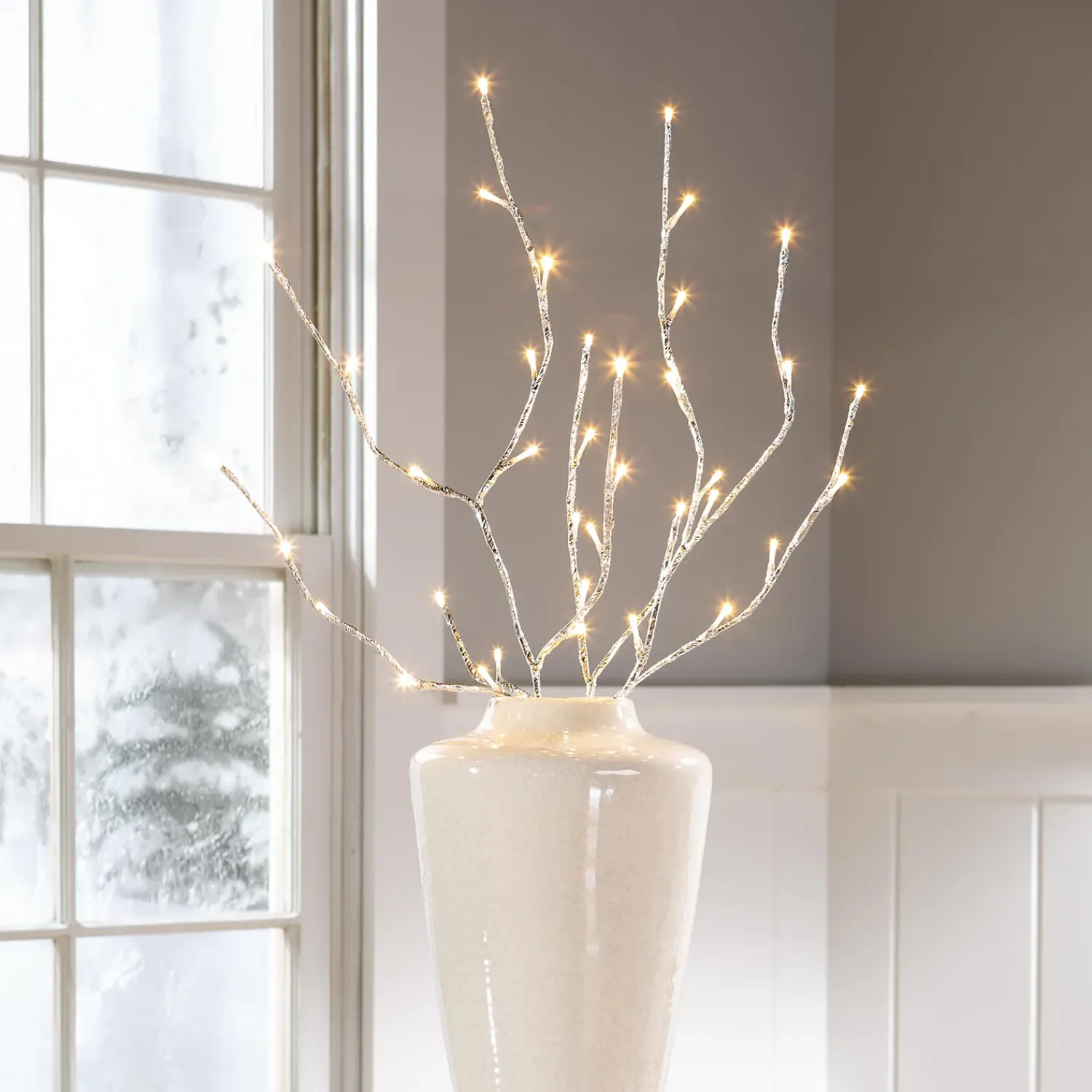 Plow & Hearth Faux Flowers & Plants|Lighted Accents>Indoor/Outdoor Silver Metallic Branches with LED Lights, Set of 2