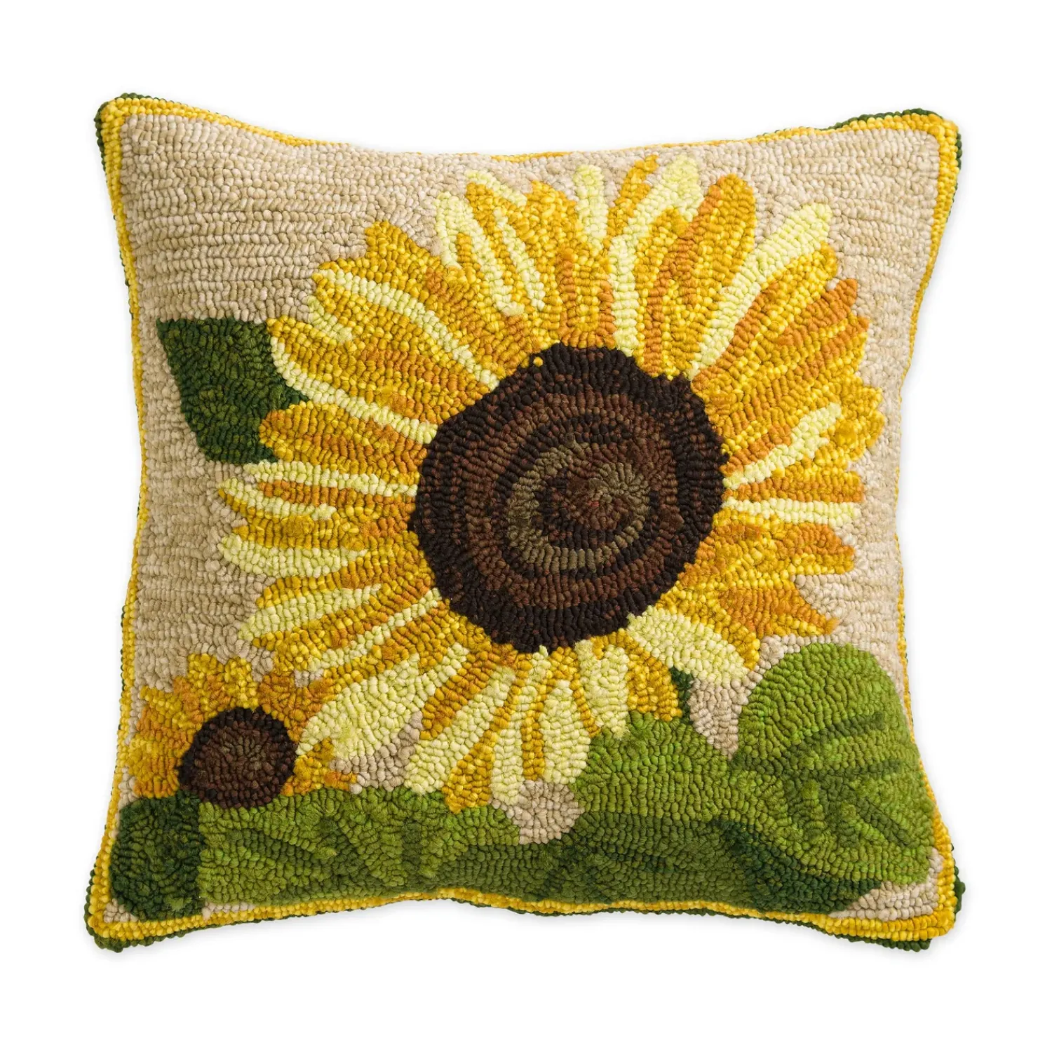 Plow & Hearth Outdoor Throw Pillows|Decorative Pillows>Indoor/Outdoor Sunflower Hooked Polypropylene Throw Pillow