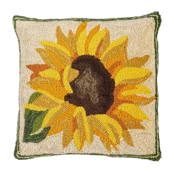 Plow & Hearth Outdoor Throw Pillows|Decorative Pillows>Indoor/Outdoor Sunflower Hooked Polypropylene Throw Pillow 18"x18"