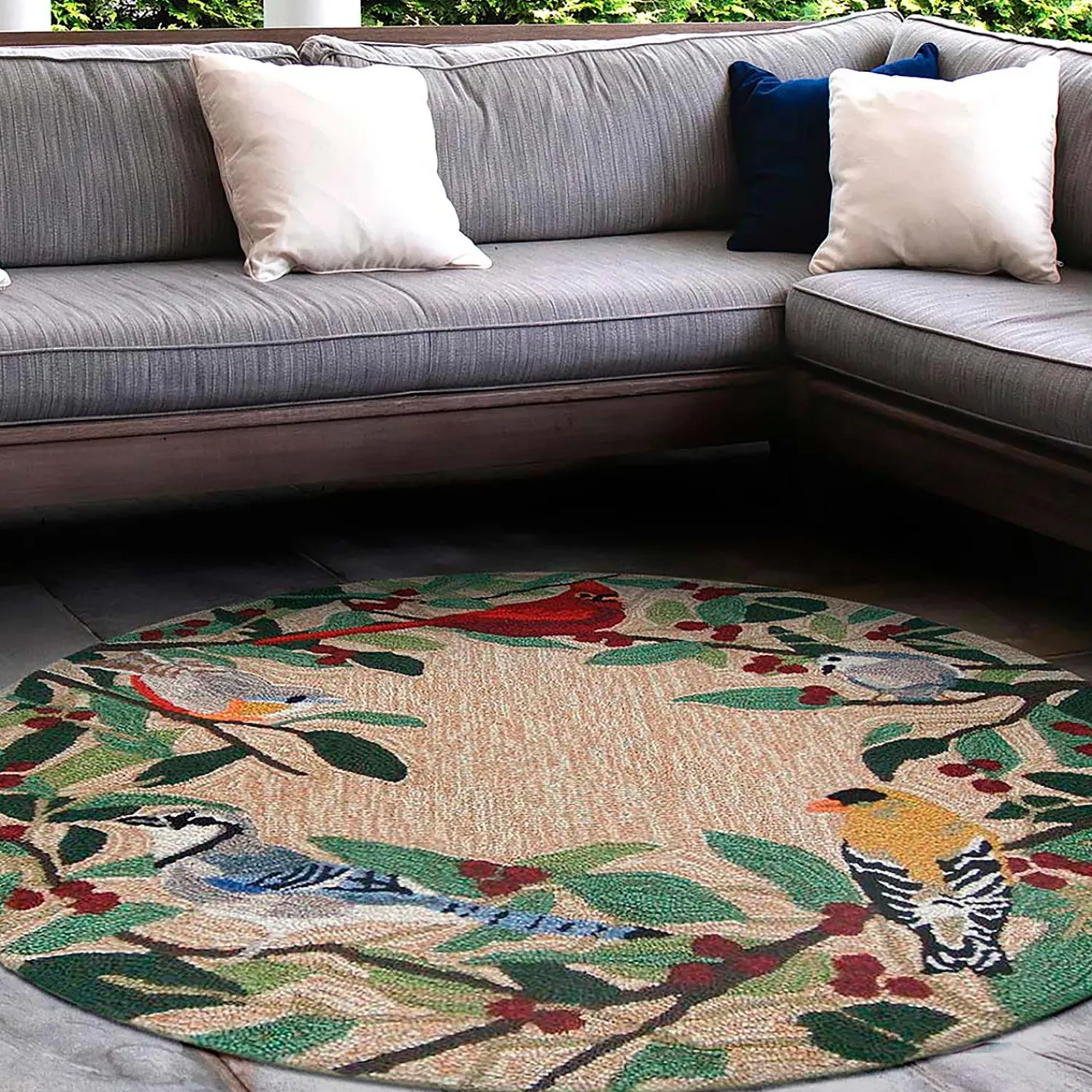 Plow & Hearth Area Rugs>Indoor/Outdoor Synthetic Blend Birds Border Rug, 36" Round