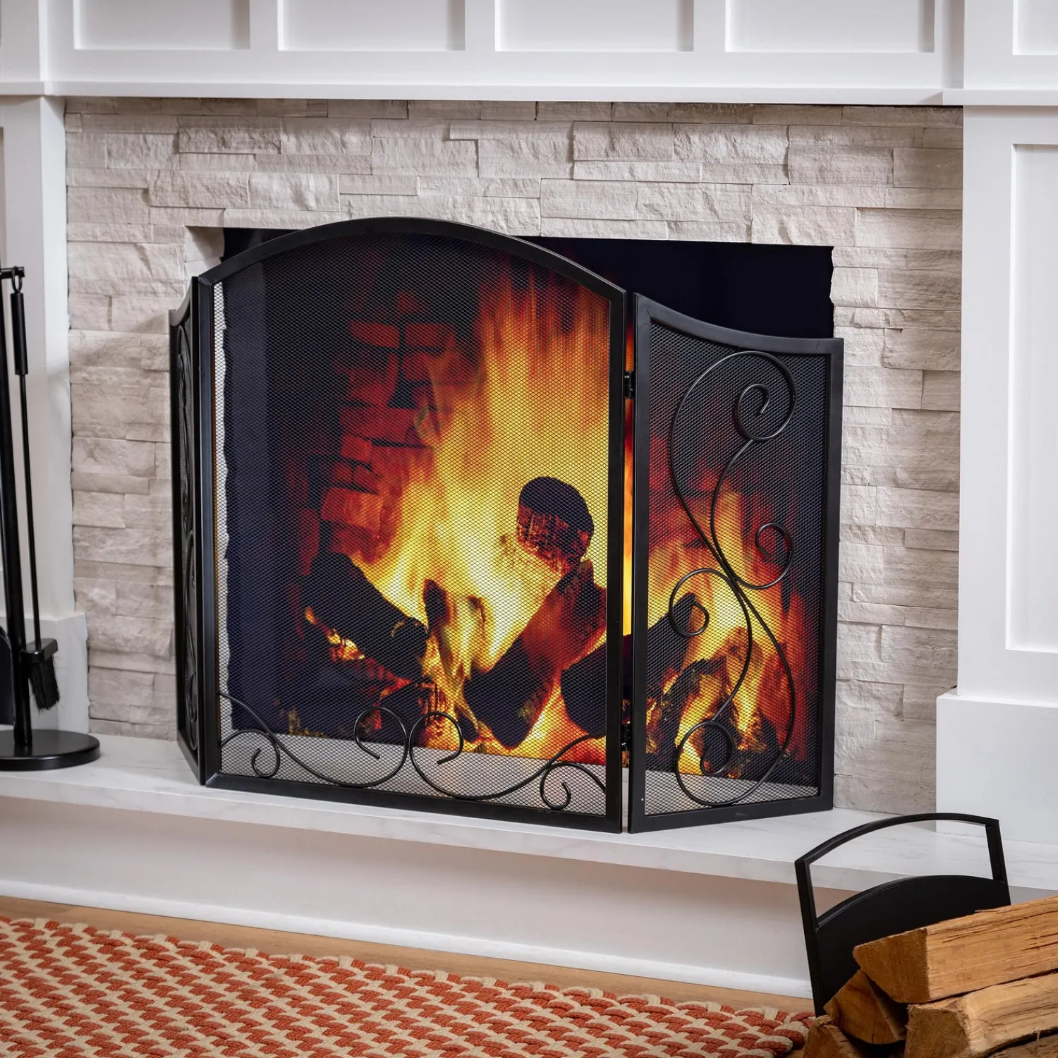 Plow & Hearth Tri-Panel Fireplace Screens>Iris Scroll Tri-Fold Fireplace Screen