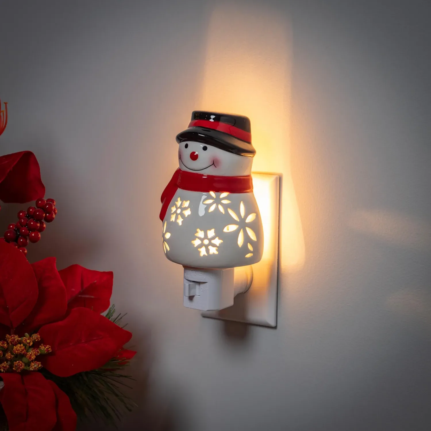 Plow & Hearth Lamps & Lighting|Lighted Accents>Joyful Traditions Nightlight Ceramic Snowman with Snowflake Cut-Outs