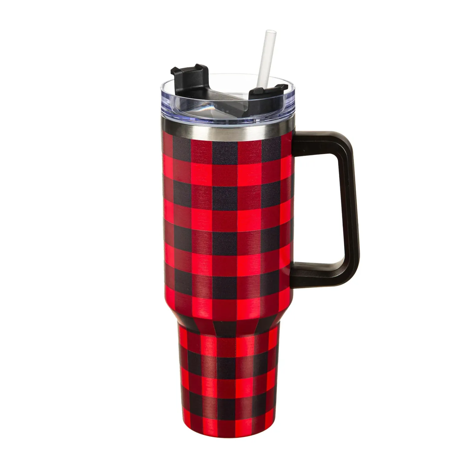 Plow & Hearth Travel Cups>Joyful Traditions Tumbler Stainless-Steel Canyon Cup w/ Straw, Red Buffalo Check, 40oz, Gift Box