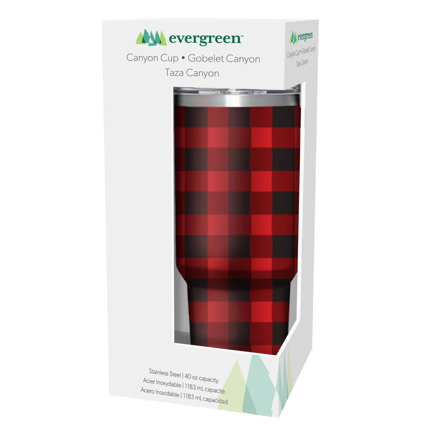 Plow & Hearth Travel Cups>Joyful Traditions Tumbler Stainless-Steel Canyon Cup w/ Straw, Red Buffalo Check, 40oz, Gift Box