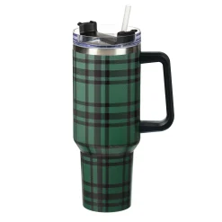 Plow & Hearth Travel Cups>Joyful Traditions Tumbler Stainless-Steel Canyon Cup w/ Straw, Green Plaid, 40oz, Gift Box