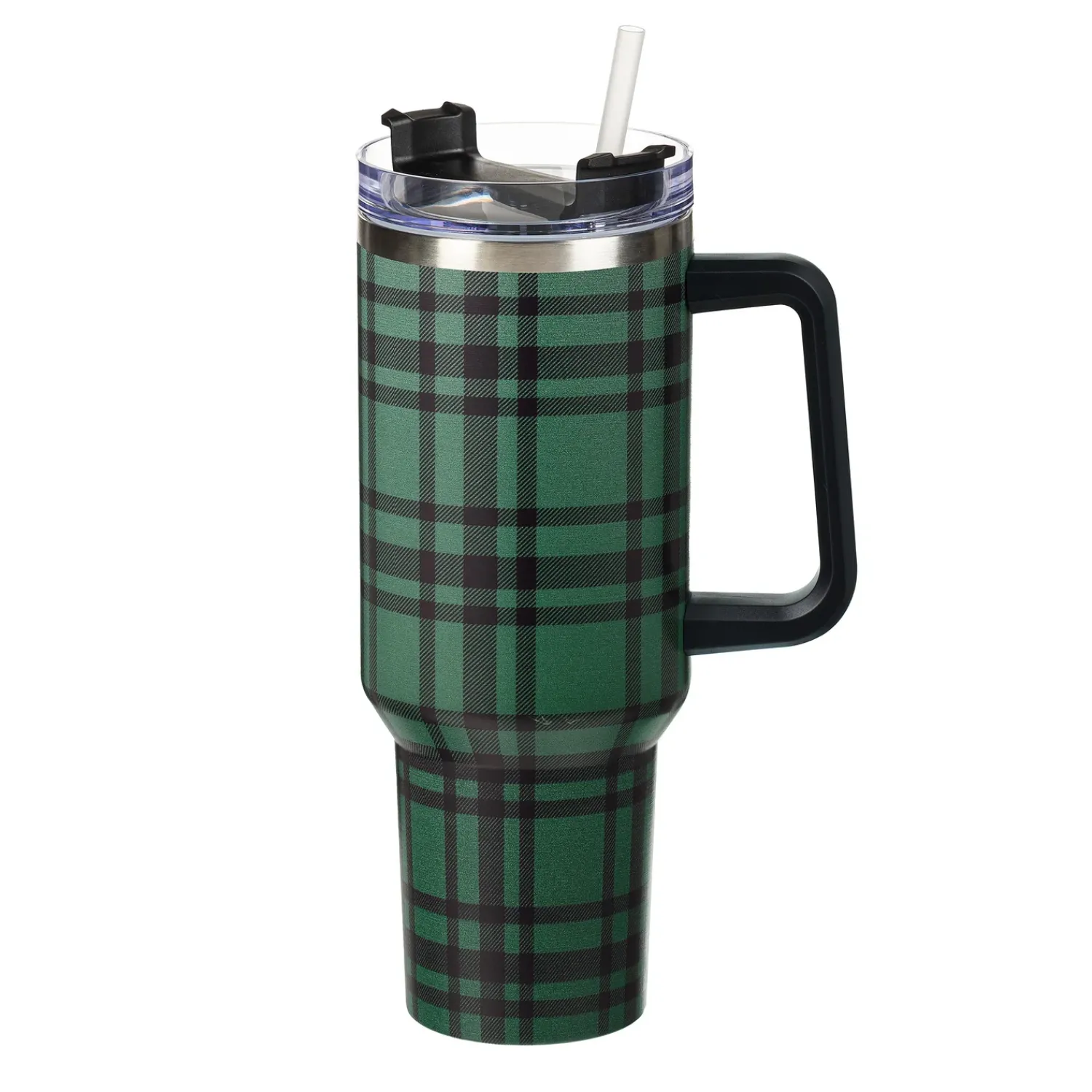 Plow & Hearth Travel Cups>Joyful Traditions Tumbler Stainless-Steel Canyon Cup w/ Straw, Green Plaid, 40oz, Gift Box