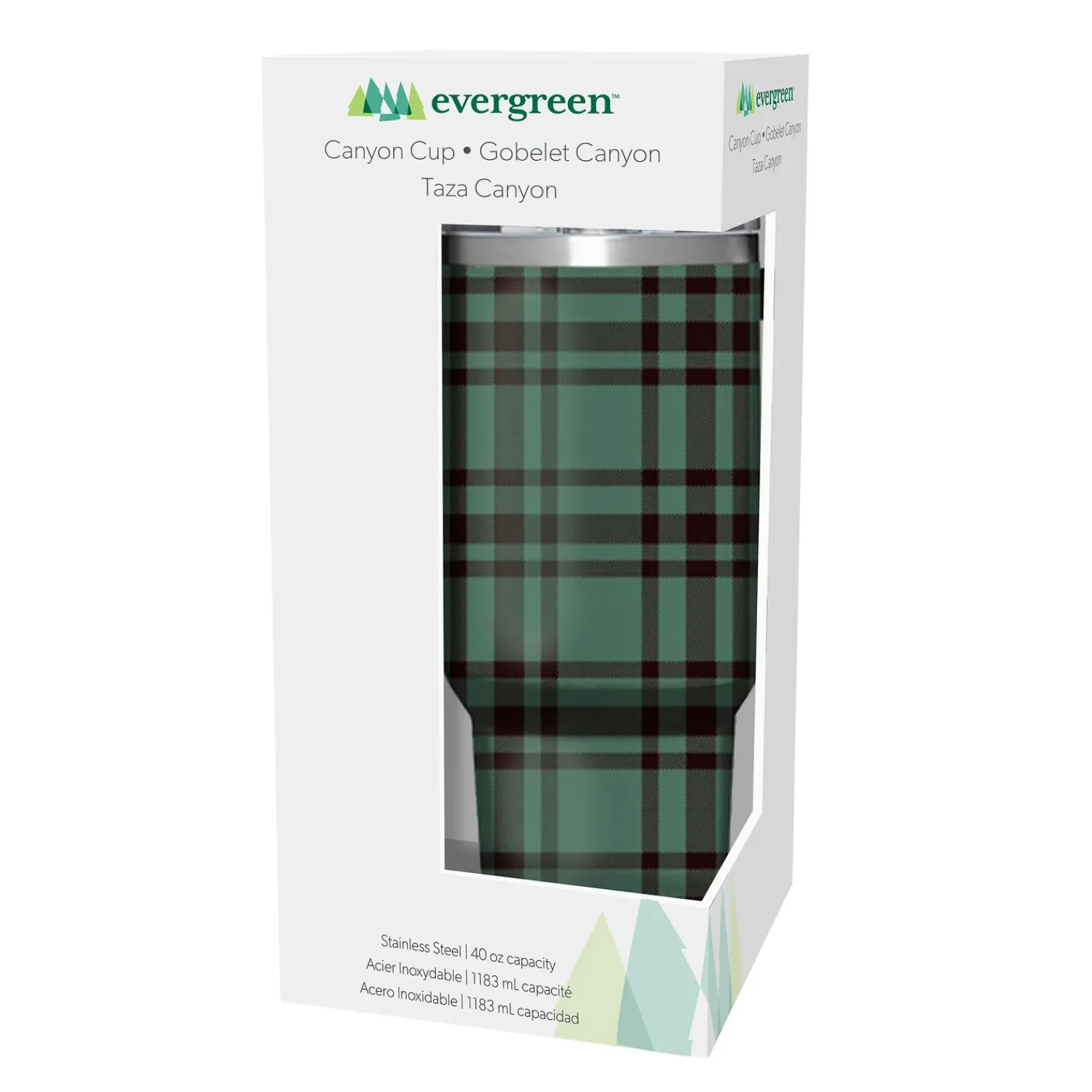 Plow & Hearth Travel Cups>Joyful Traditions Tumbler Stainless-Steel Canyon Cup w/ Straw, Green Plaid, 40oz, Gift Box
