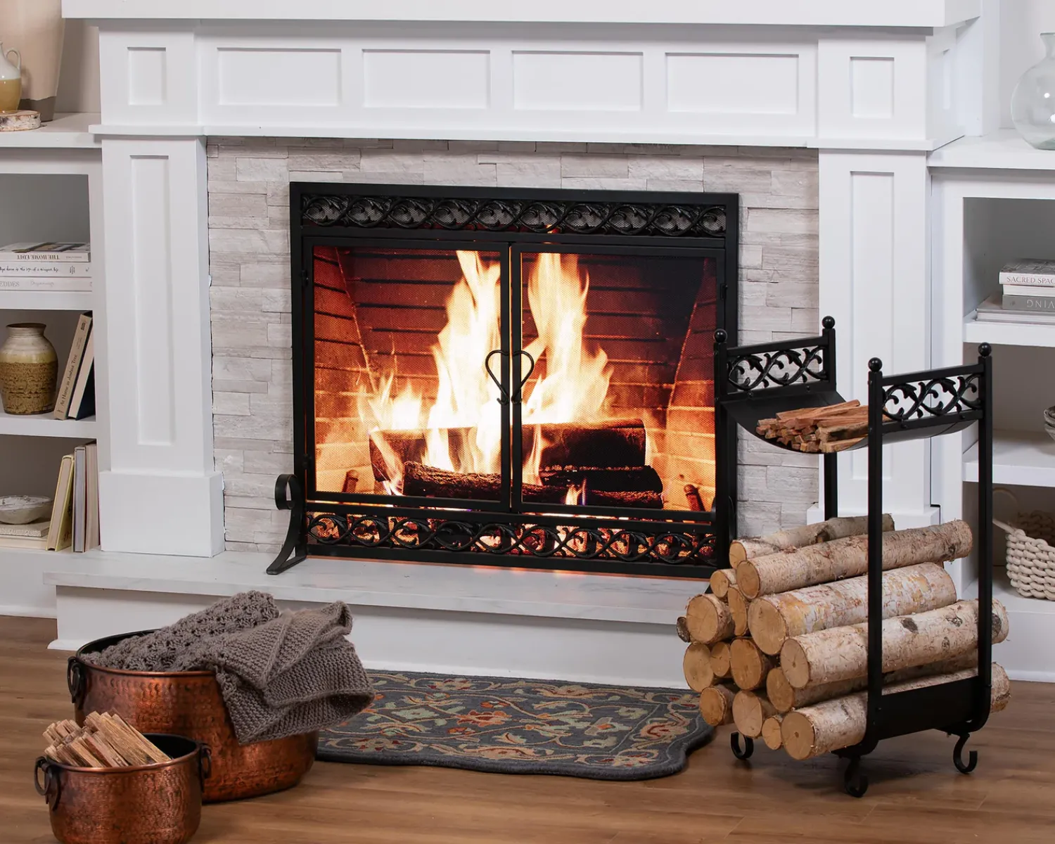 Plow & Hearth Fireplace Screens With Doors>Large Cast Iron Scrollwork Fire Screen With Doors Black