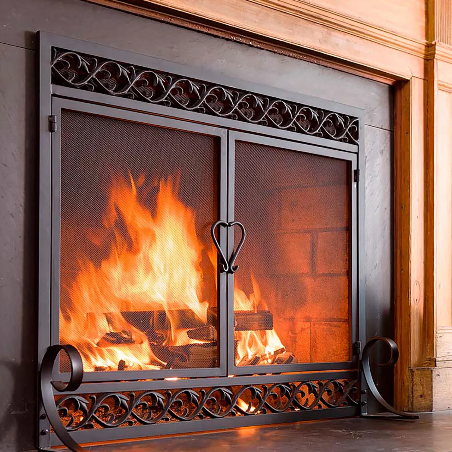 Plow & Hearth Fireplace Screens With Doors>Large Cast Iron Scrollwork Fire Screen With Doors Black