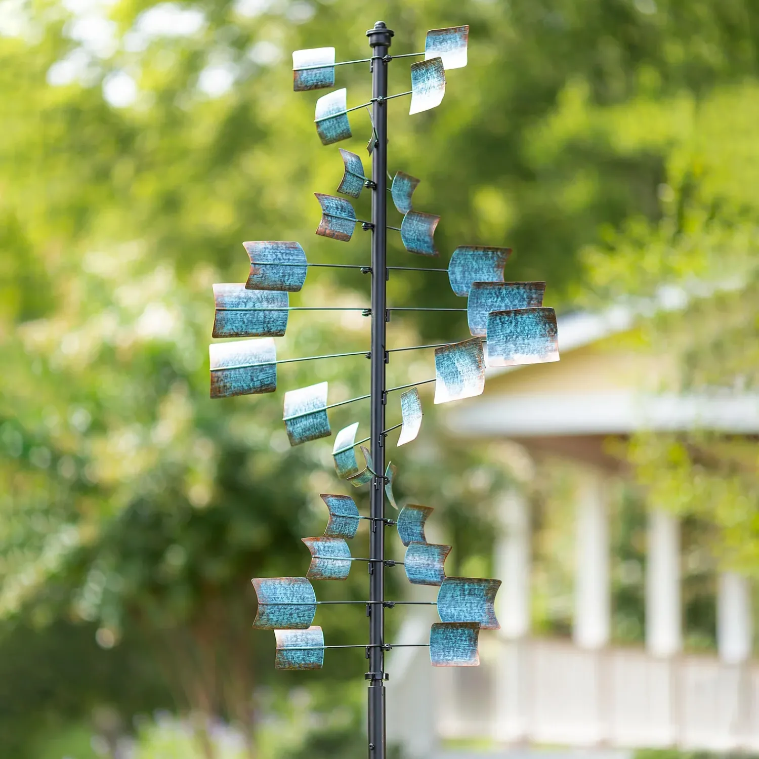 Plow & Hearth Wind Spinners>Large Metal Spiral Spinner with Blue and Copper-Colored Vanes