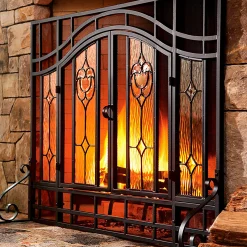Plow & Hearth Fireplace Screens With Doors>Large Two-Door Fireplace Screen with Glass Floral Panels Black