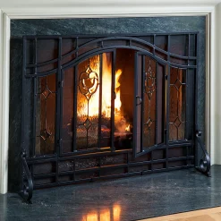 Plow & Hearth Fireplace Screens With Doors>Large Two-Door Fireplace Screen with Glass Floral Panels Black