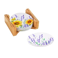 Plow & Hearth Coffee & Tea Cups|Cleaning Supplies>Lavender Fields Round Coasters w/ Caddy, Set of 4, Gift Box