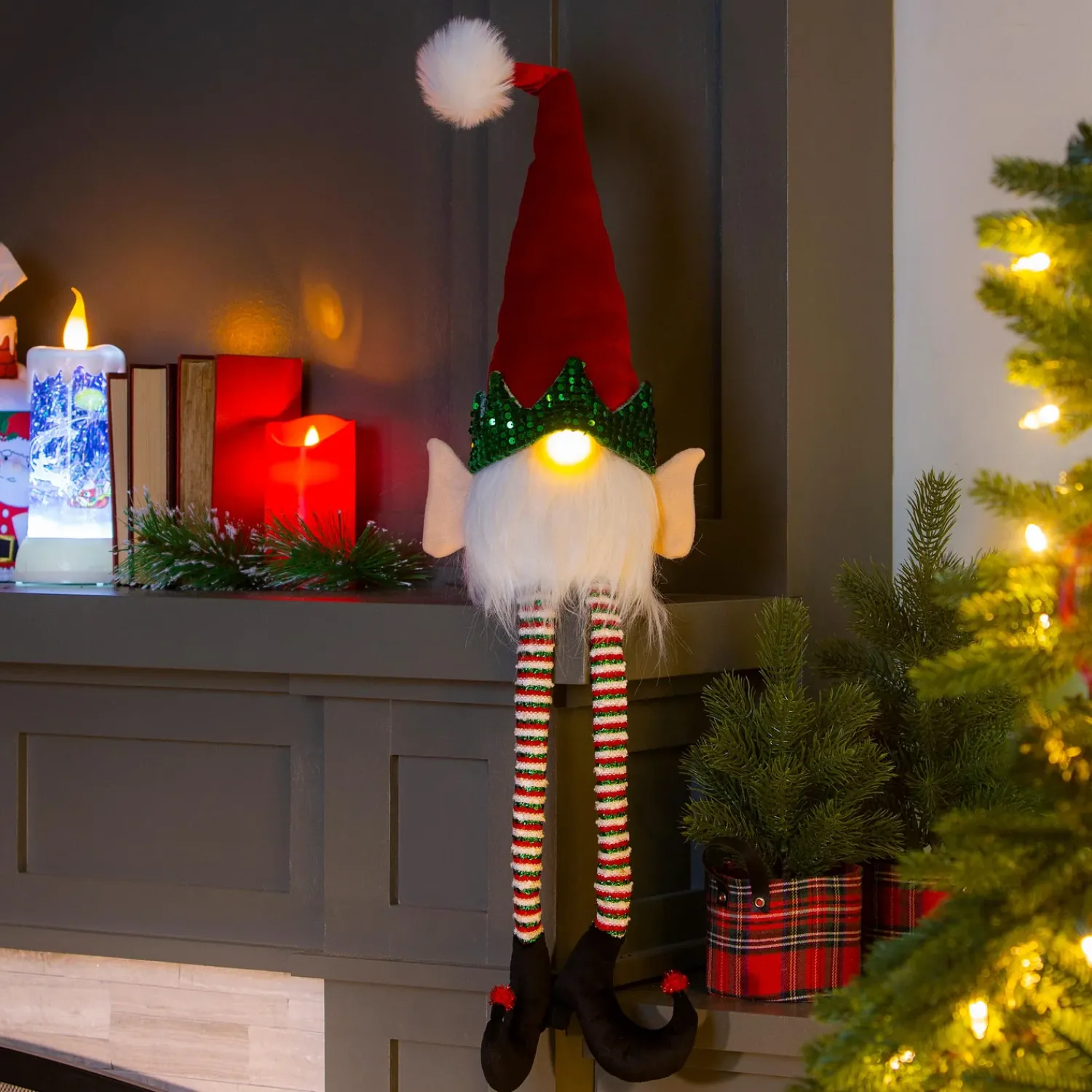 Plow & Hearth Decorative Accents|Lighted Accents>LED Fabric Gnome Elf Table Décor with Long Legs