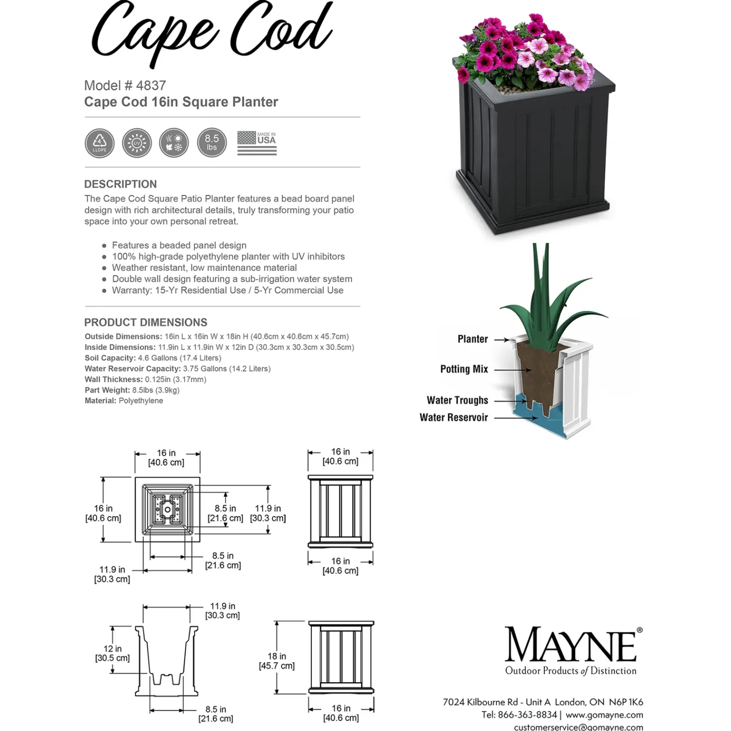 Plow & Hearth Planters & Plant Stands>Lexington Self-Watering Planter, 16" sq.