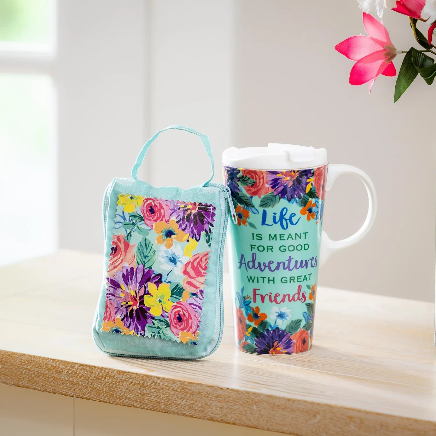 Plow & Hearth Travel Cups>Life Is Meant For Good Adventures Ceramic Perfect Cup and Compact Tote Giftset, 17oz, Gift Box