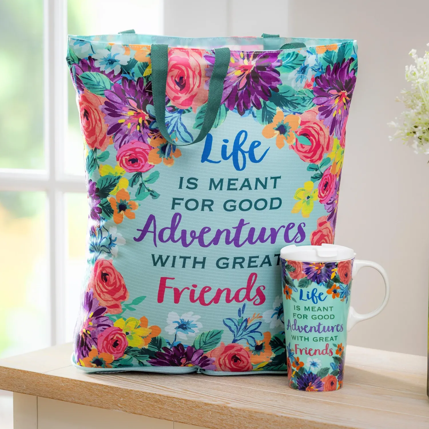 Plow & Hearth Travel Cups>Life Is Meant For Good Adventures Ceramic Perfect Cup and Compact Tote Giftset, 17oz, Gift Box