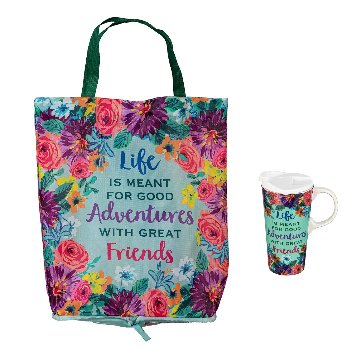 Plow & Hearth Travel Cups>Life Is Meant For Good Adventures Ceramic Perfect Cup and Compact Tote Giftset, 17oz, Gift Box