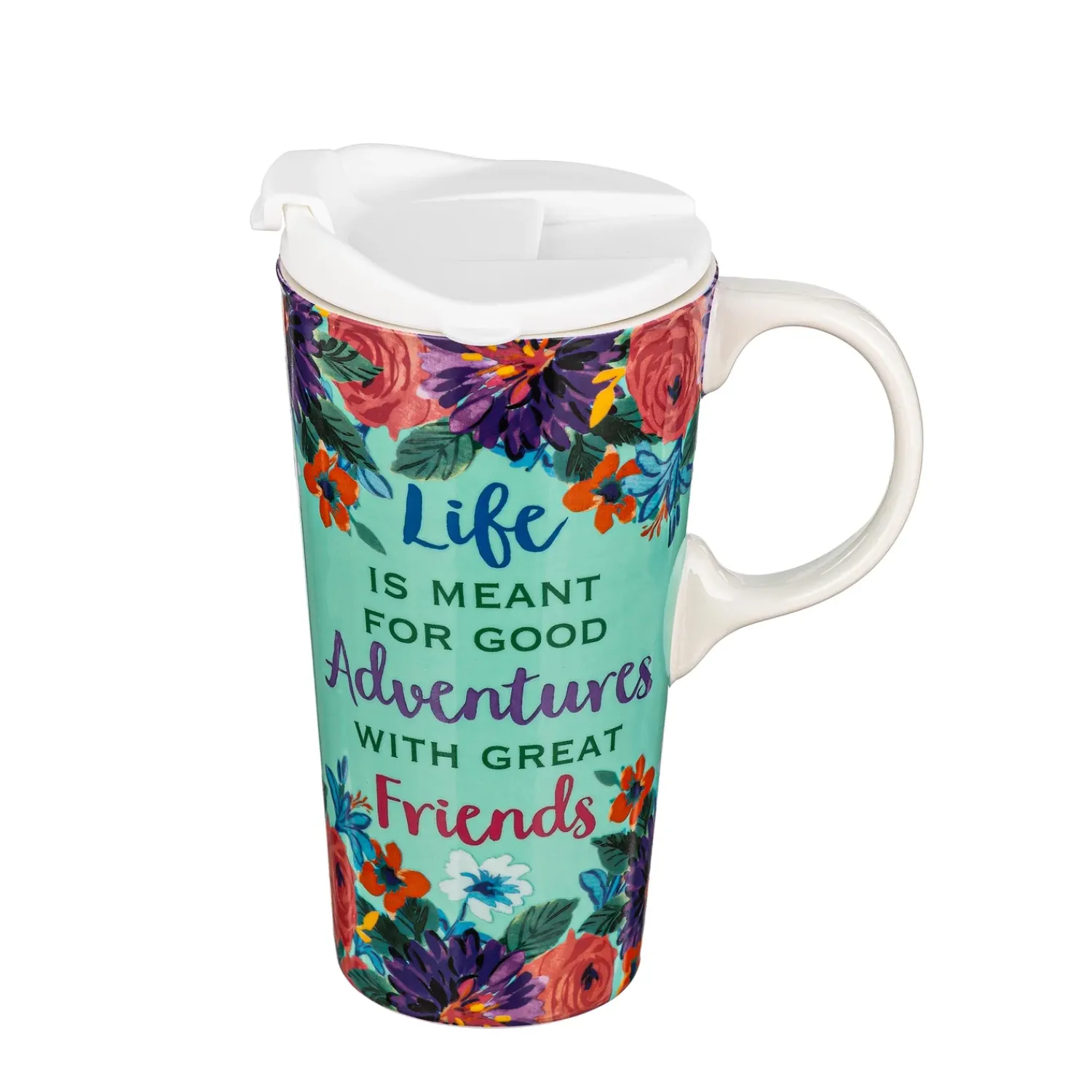 Plow & Hearth Travel Cups>Life Is Meant For Good Adventures Ceramic Perfect Cup and Compact Tote Giftset, 17oz, Gift Box