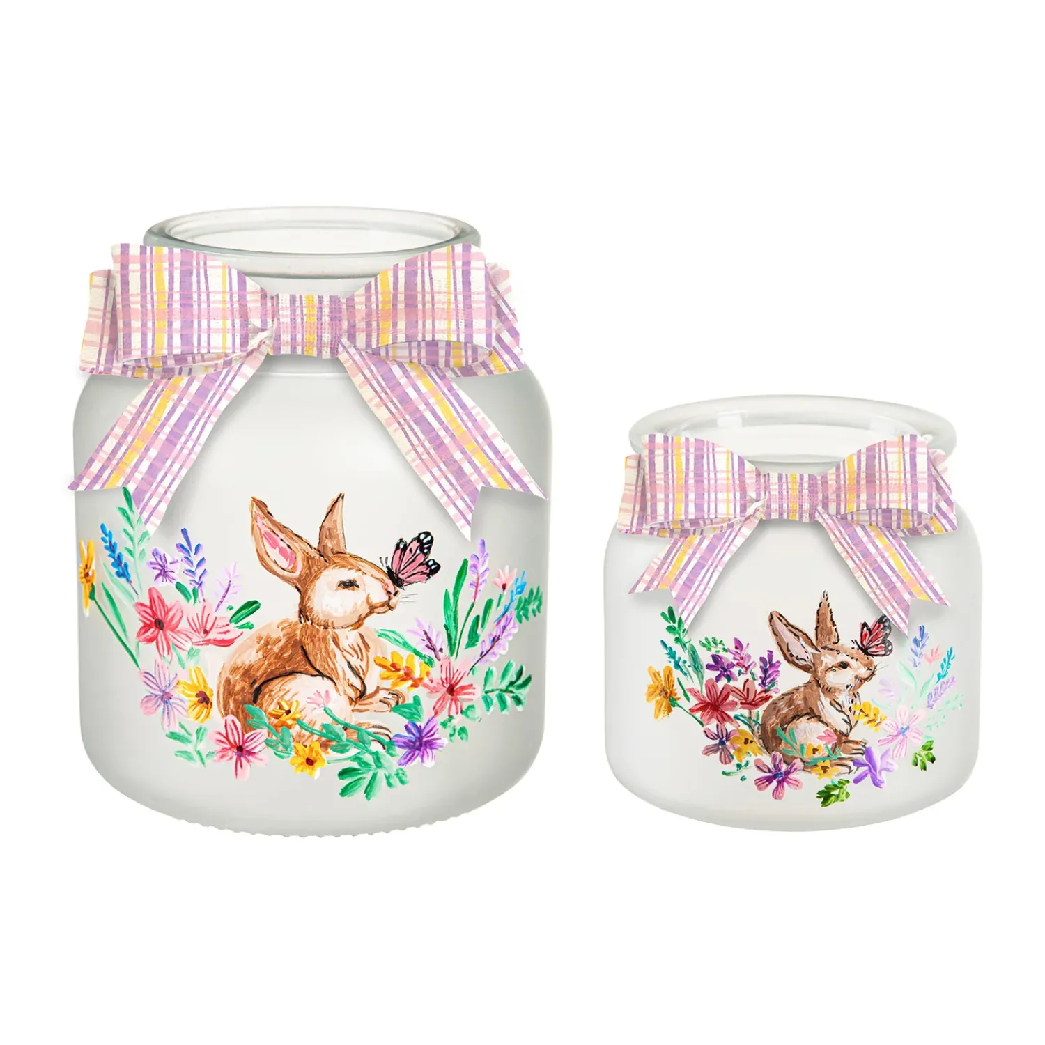 Plow & Hearth Decorative Accents>Lighted Glass Jar with Springtime Bunny Scene, Set of 2
