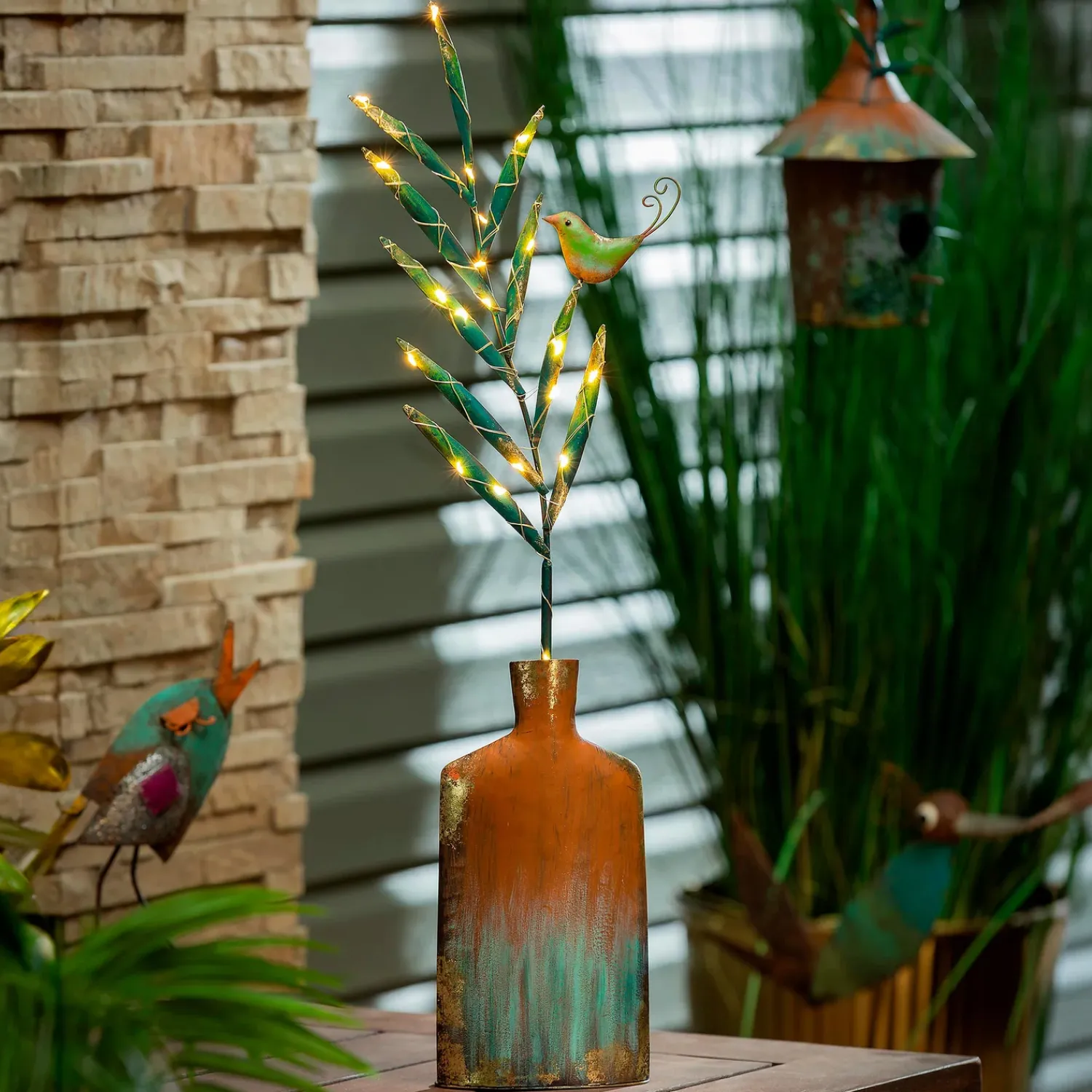Plow & Hearth Decorative Accents>Lighted Metal Vase with Bird Garden Statue