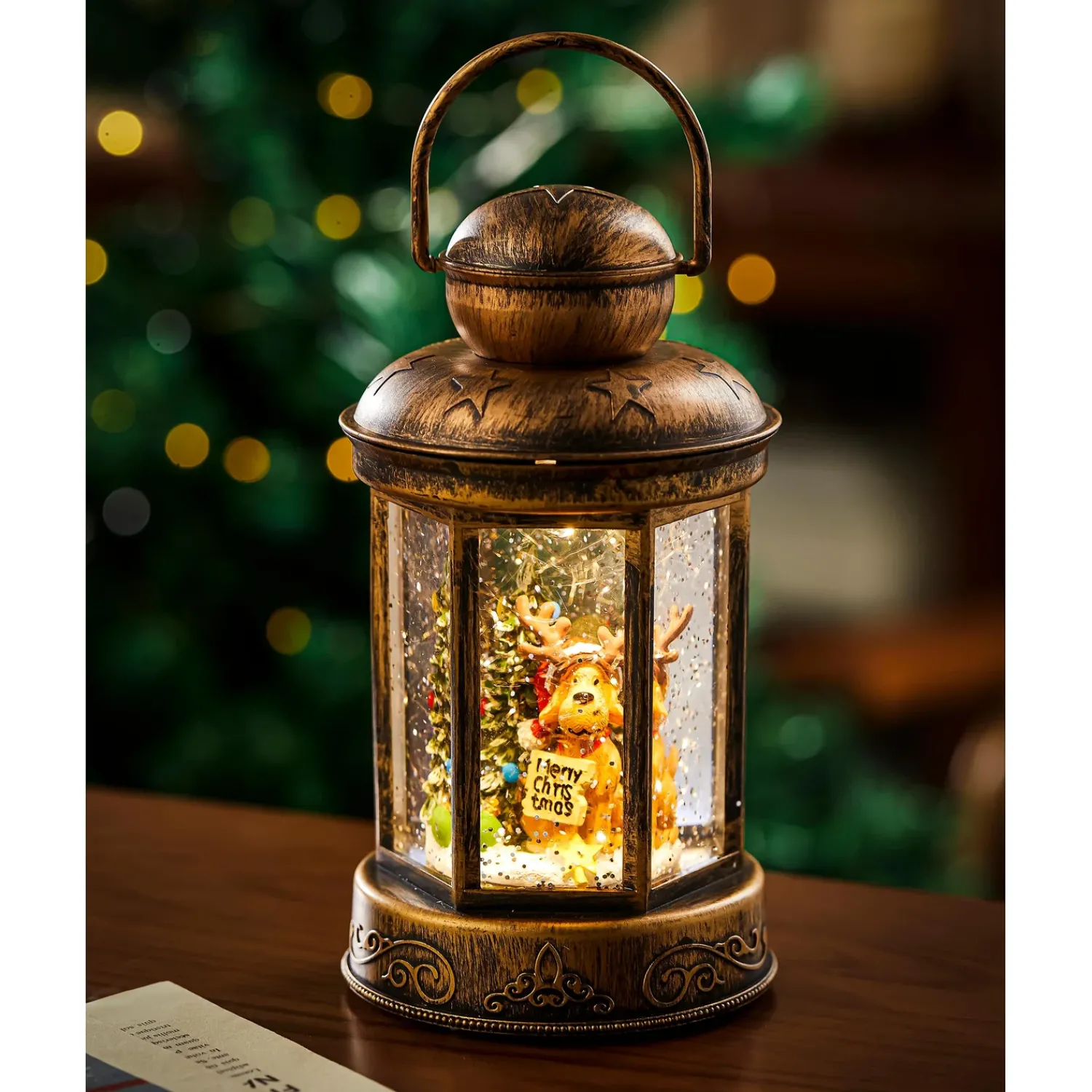 Plow & Hearth Decorative Accents>Lighted Reindeer Lantern with Spinning Snow Table Décor