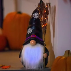 Plow & Hearth Garden Statues|Decorative Accents>Lighted Witch Gnome Statue with Spiderweb Hat Caucasian