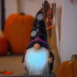 Plow & Hearth Garden Statues|Decorative Accents>Lighted Witch Gnome Statue with Spiderweb Hat Caucasian
