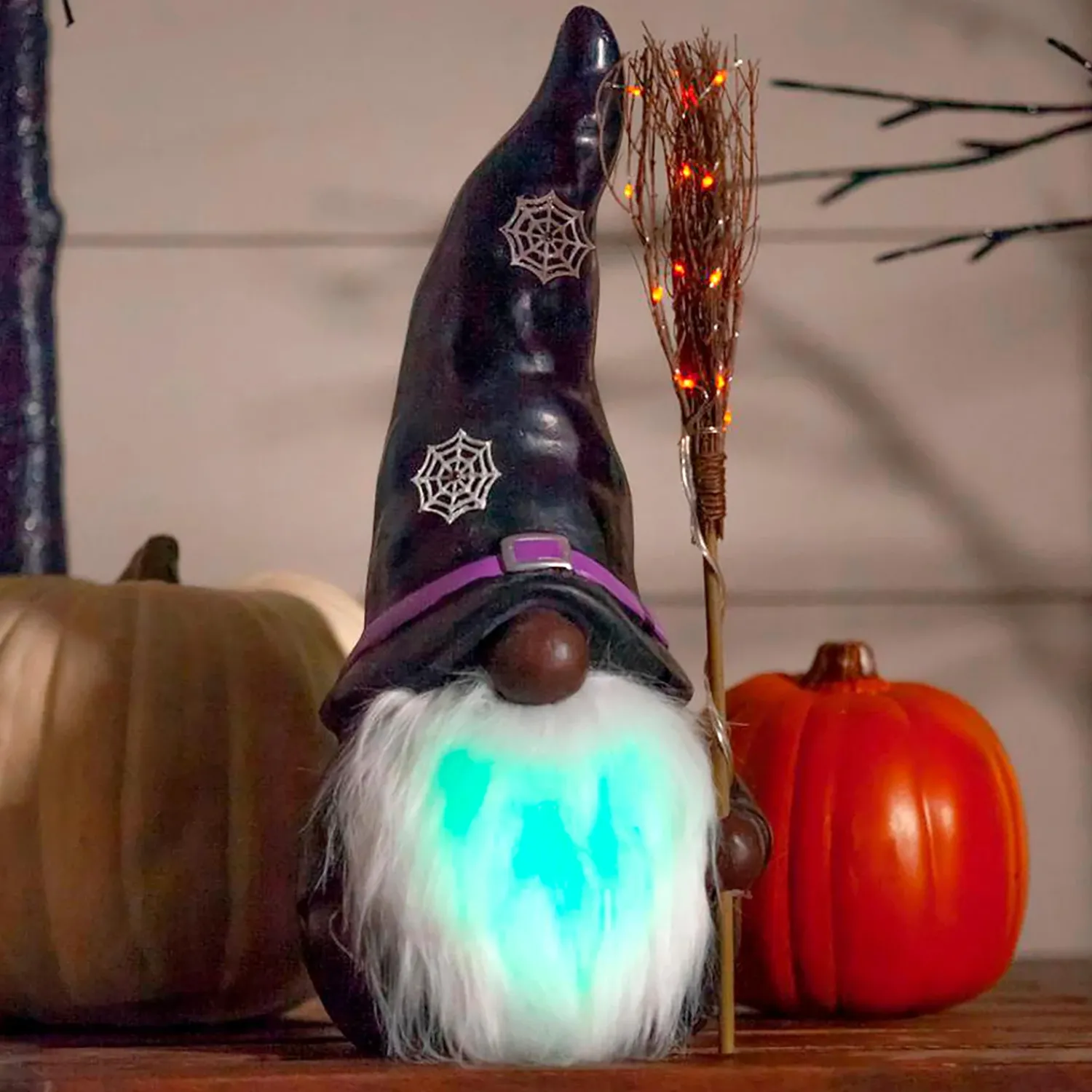 Plow & Hearth Garden Statues|Decorative Accents>Lighted Witch Gnome Statue with Spiderweb Hat African