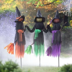 Plow & Hearth Garden Stakes>Lighted Witch Stakes with Brooms, Set of 3
