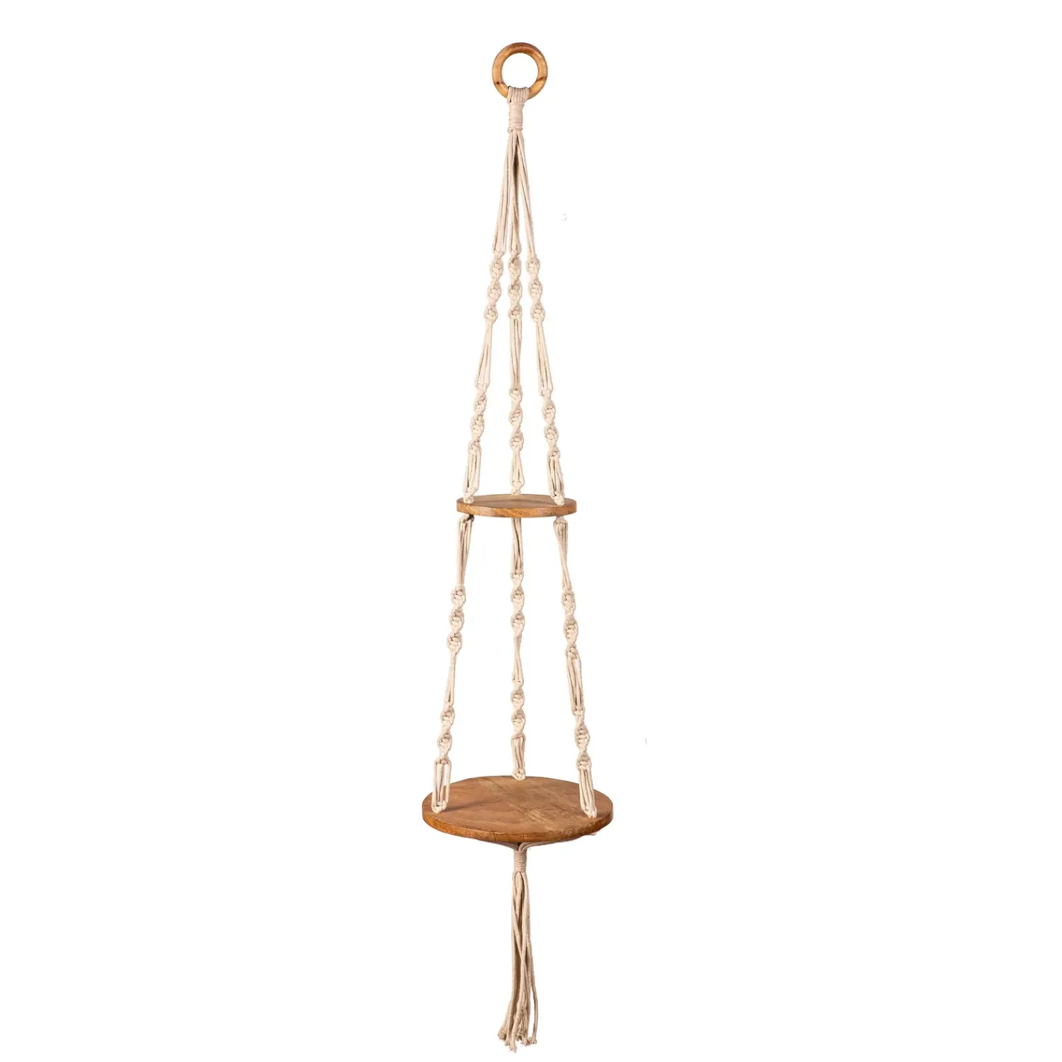 Plow & Hearth Planters & Plant Stands>Macrame and Wood Double Hanging Plant Stand, 32"H