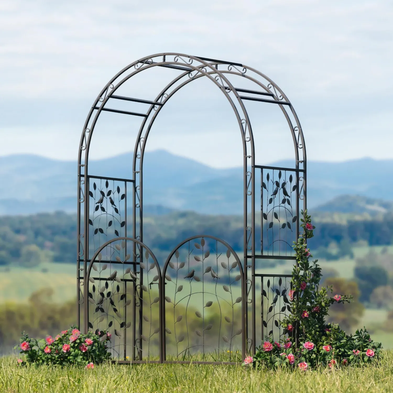 Plow & Hearth Arbors & Trellises>Metal Arched Birds and Leaves Garden Arbor with Gate