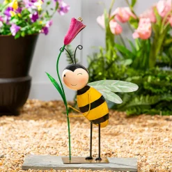 Plow & Hearth Garden Statues>Metal Happy Bee With Pink Flower Statue, 20"H