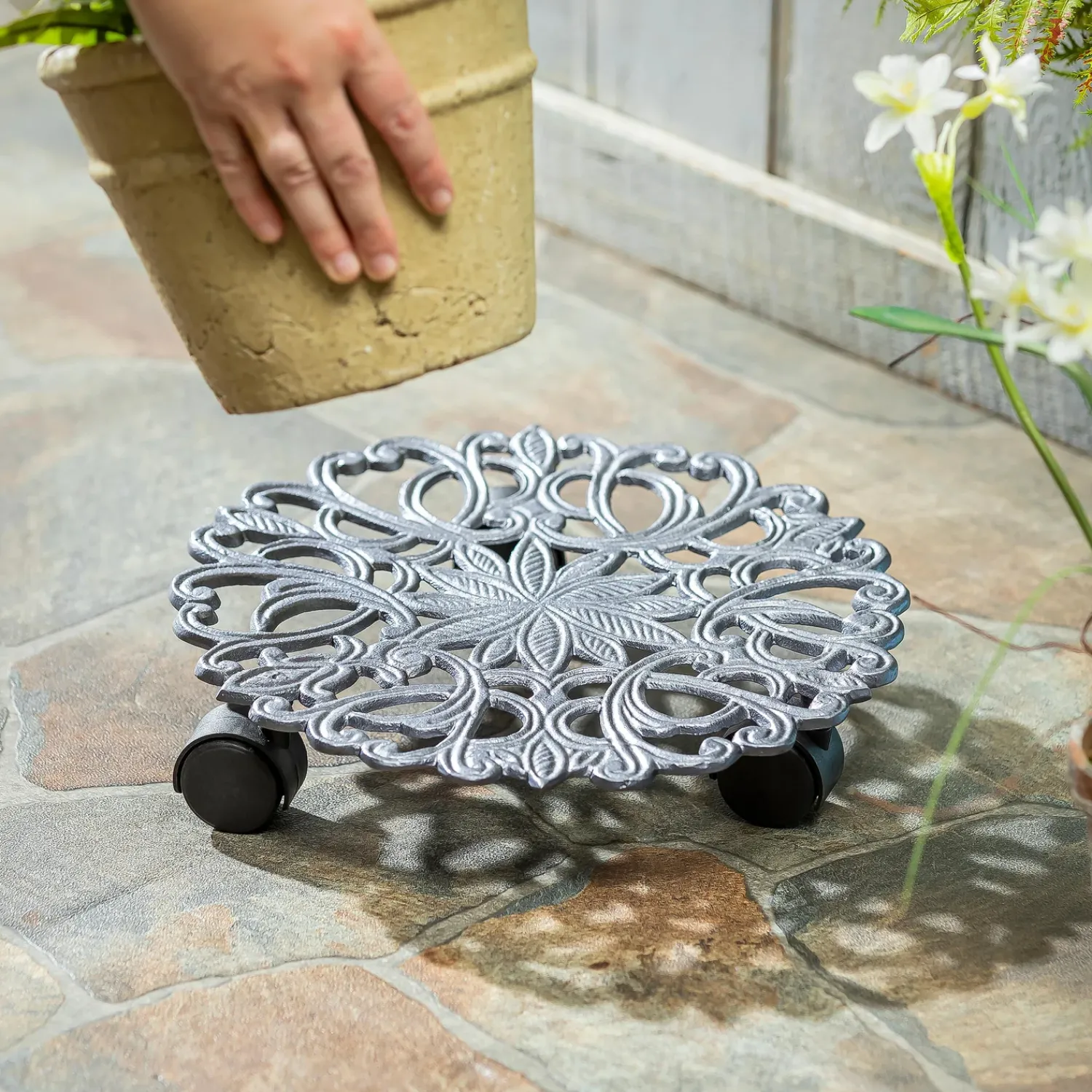 Plow & Hearth Planters & Plant Stands>Metal Plant Caddy, Gray Floral