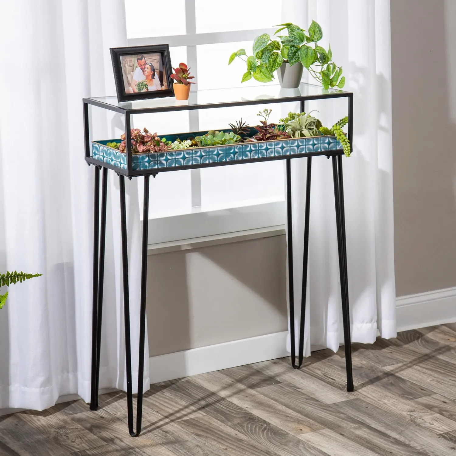 Plow & Hearth Accent Tables|Desks & Console Tables>Metal Table with Glass Top and Teal Metal Planter Dish