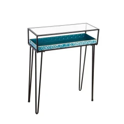 Plow & Hearth Accent Tables|Desks & Console Tables>Metal Table with Glass Top and Teal Metal Planter Dish