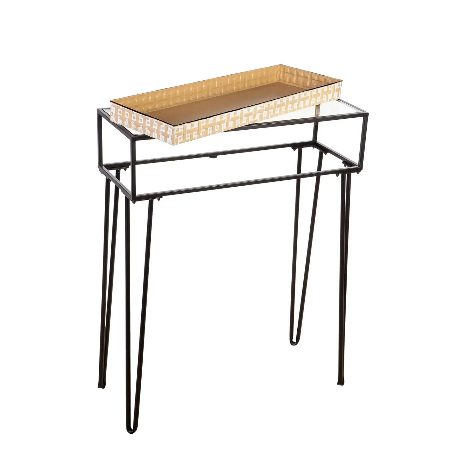 Plow & Hearth Accent Tables|Desks & Console Tables>Metal Table with Glass Top and Gold Metal Planter Dish