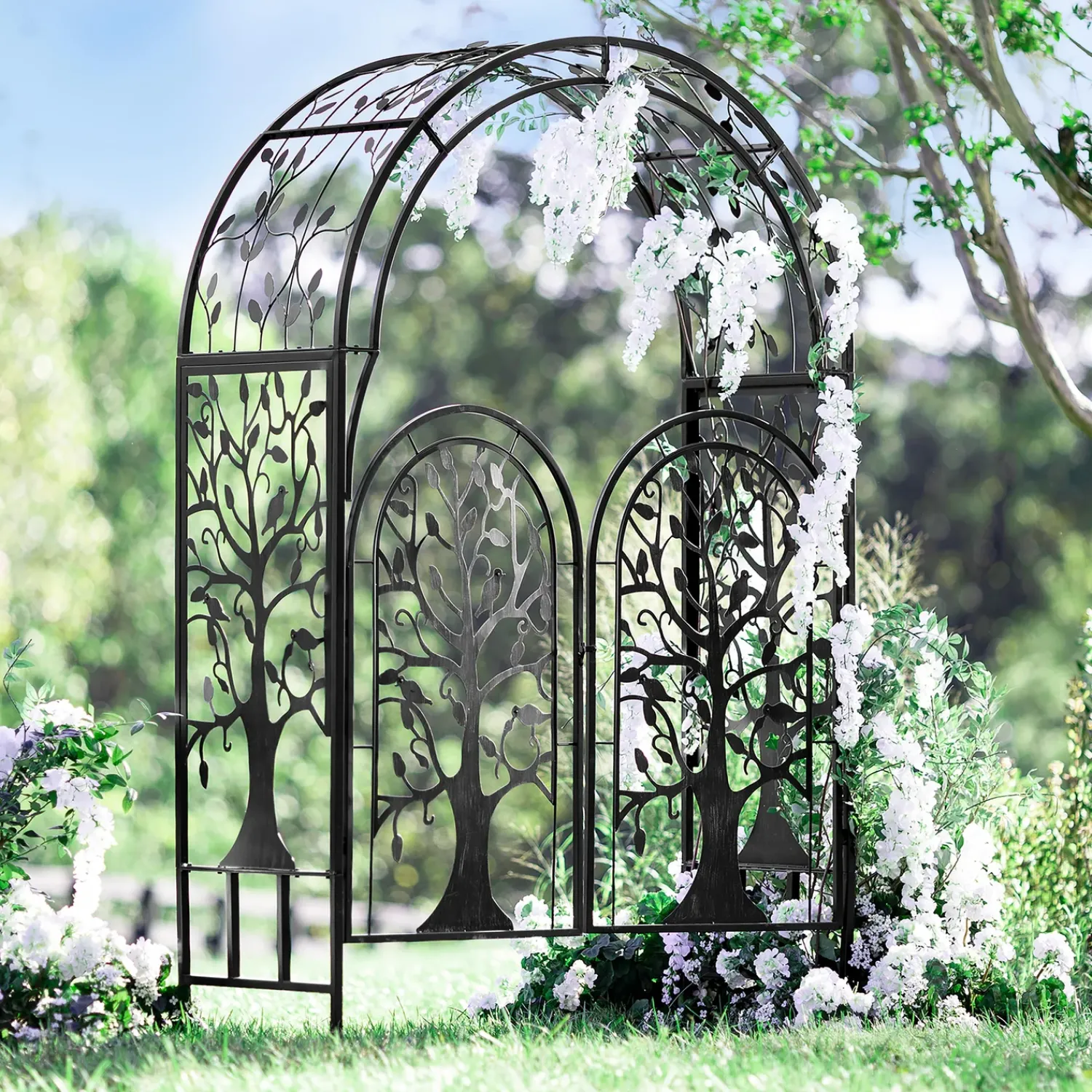 Plow & Hearth Arbors & Trellises>Metal Tree of Life Arched Garden Arbor with Gate