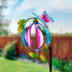 Plow & Hearth Wind Spinners>Metal Wind Spinner, Blue & Pink Orb With Butterfly, 48"H