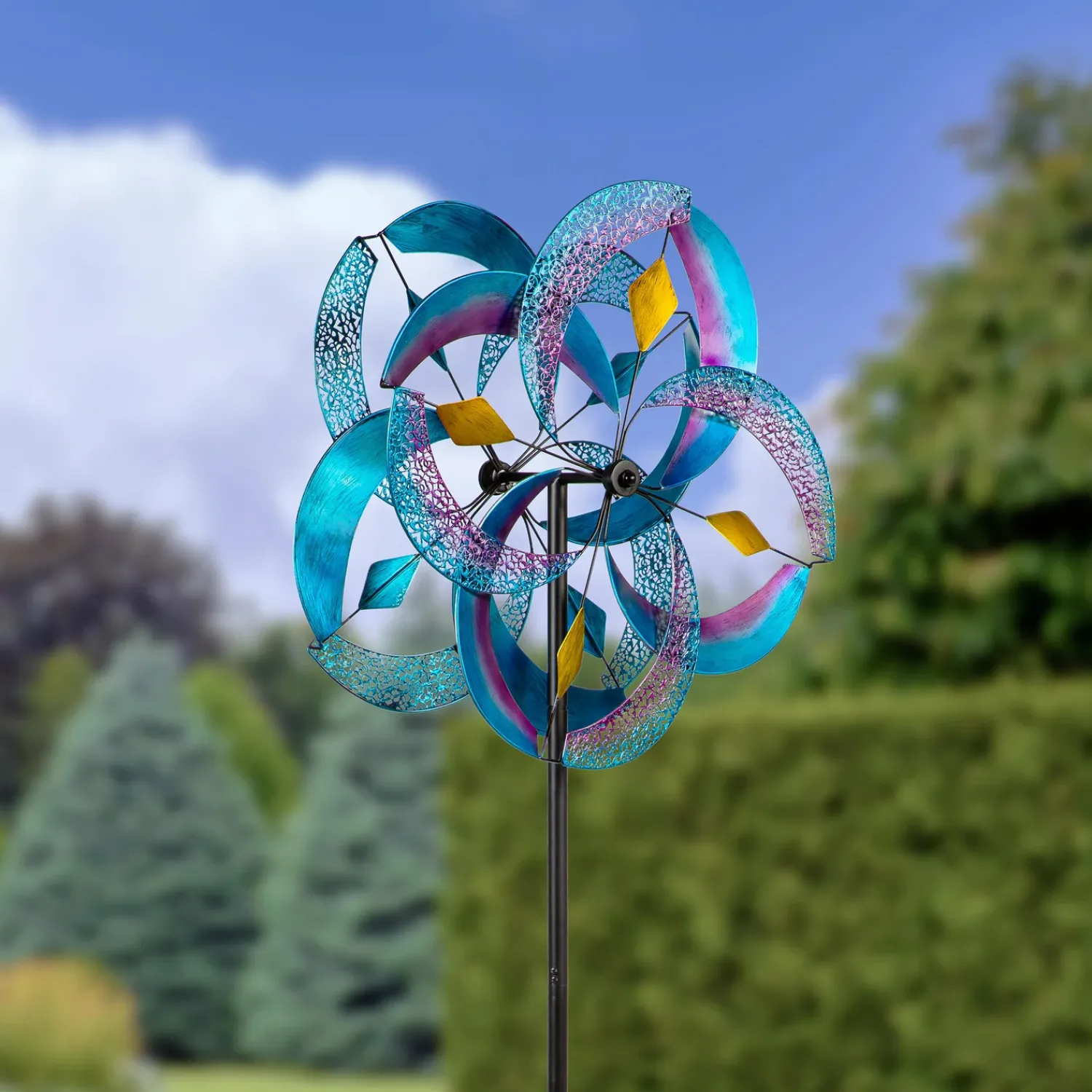 Plow & Hearth Wind Spinners>Metal Wind Spinner, Blue Patterned, 75"H