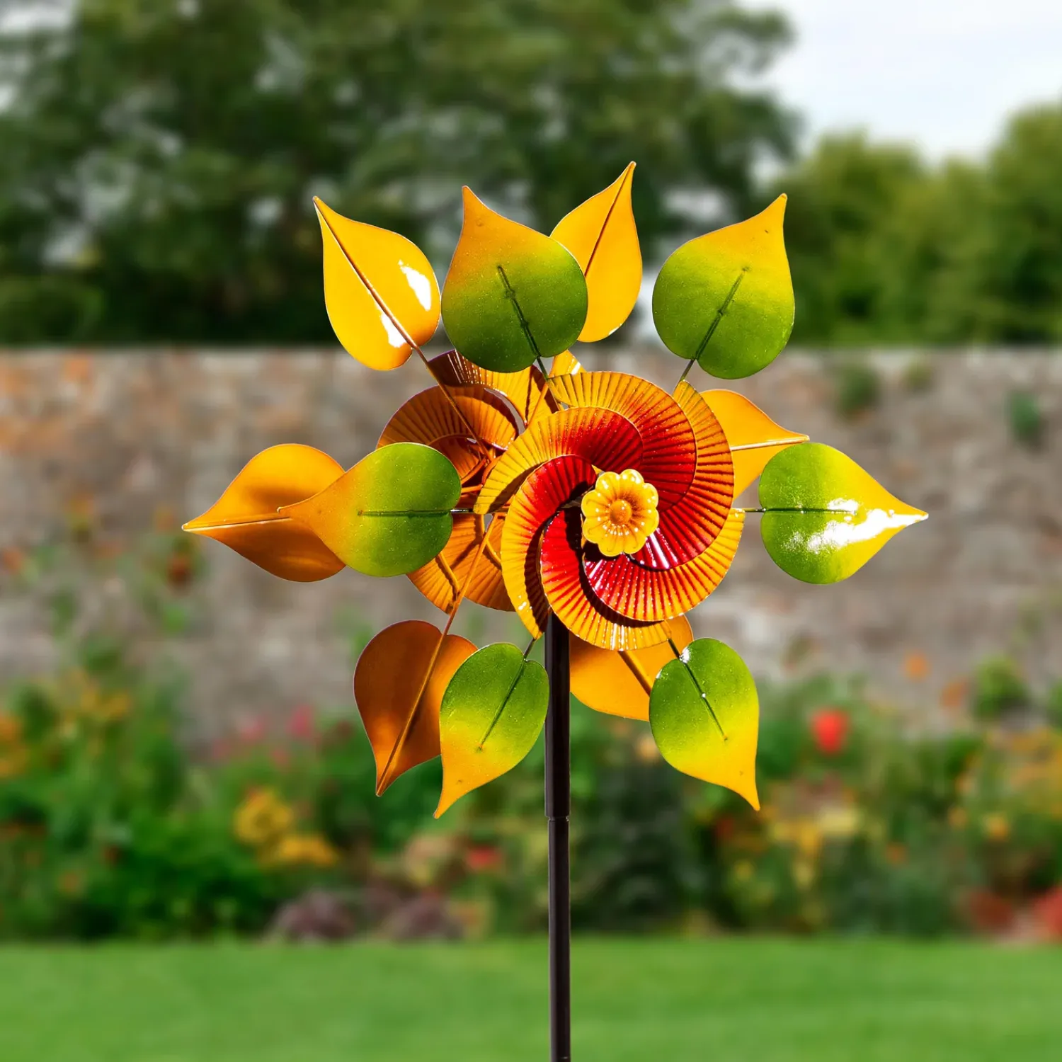 Plow & Hearth Wind Spinners>Metal Wind Spinner, Red & Yellow Flower With Leaves, 70"H