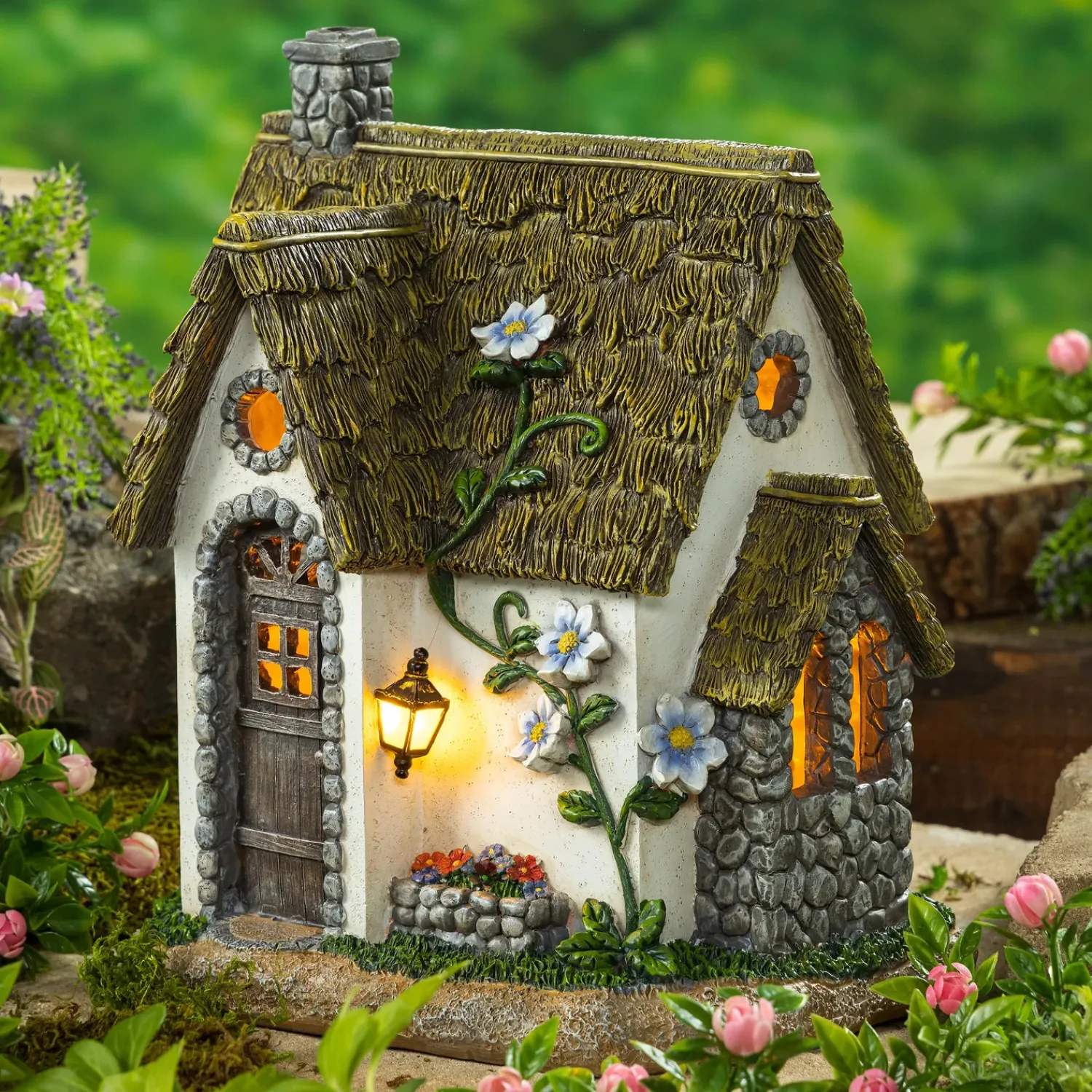 Plow & Hearth Garden Statues|Solar Accents>Miniature Fairy Garden Solar English Stone Cottage